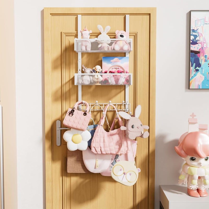 Consumest Over The Door Organizer Hooks, Door Hanger with 9 Coat Hooks & 2 Mesh Basket, Rustproof Back Storage Organizer for Bathroom, Kitchen, Bedroom-White (for 1.76in Doors) - Image 5